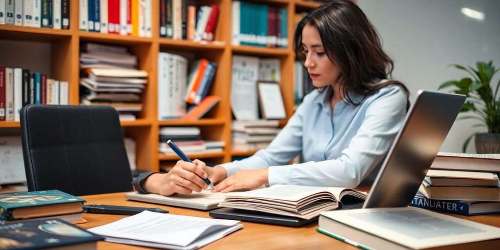 Bir çevirmenin çalışma alanı, kitaplar ve laptop.