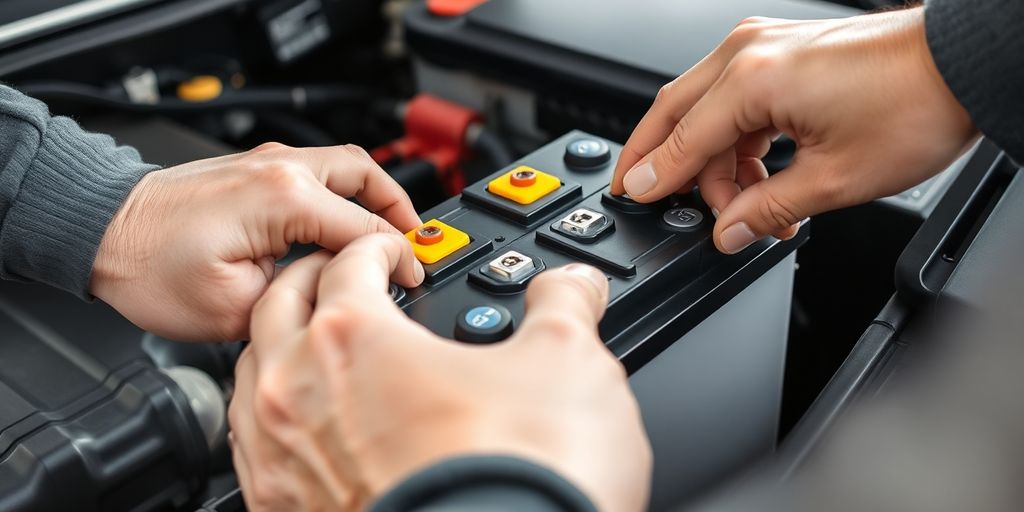 Hands carefully installing a car battery.