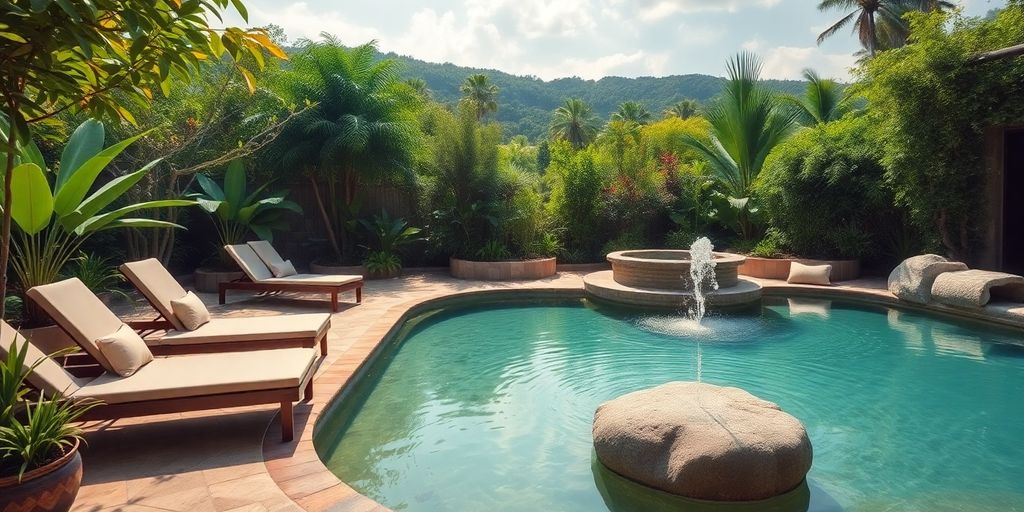 Erholsamer Wellnessbereich mit Natur und Entspannungseinrichtungen.