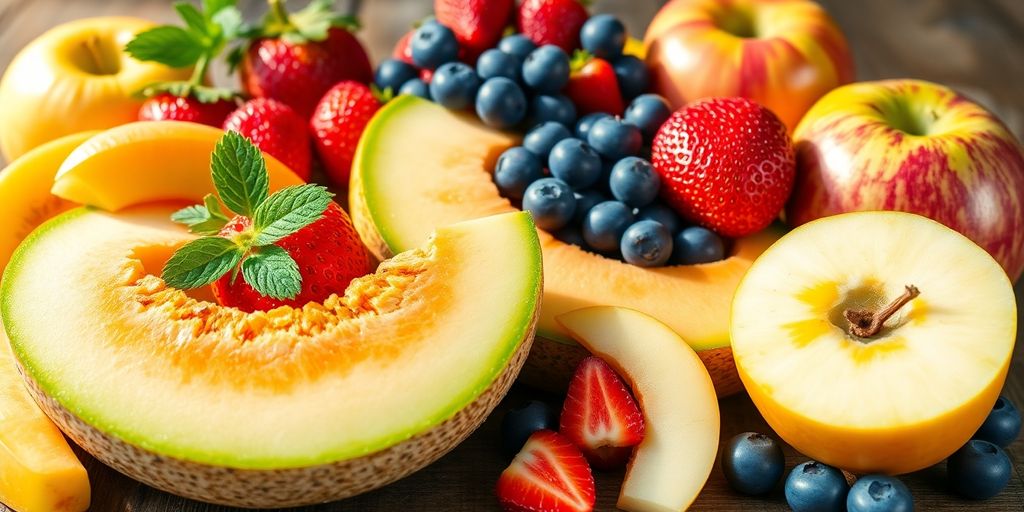 Fresh berries, sliced melon, and whole apples on a wooden table.