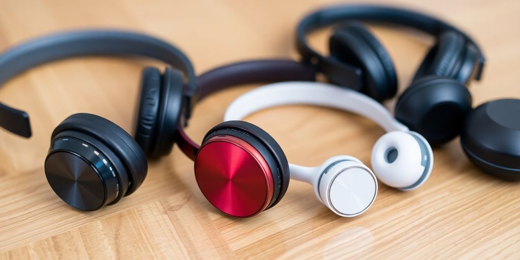 Verschiedene Bluetooth Kopfhörer auf einem Tisch.