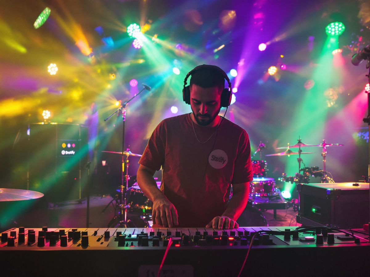 Musician in a colorful studio creating exciting music.