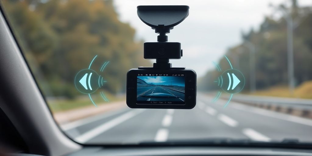 Dashcam capturing road ahead, highlighting advanced features.