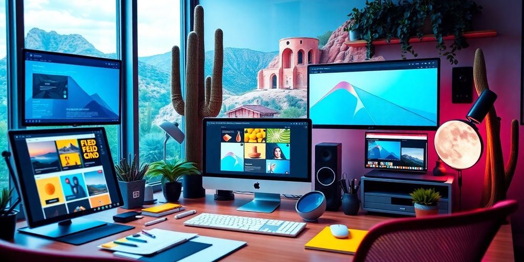 A colorful Tucson web design workspace with creative tools.