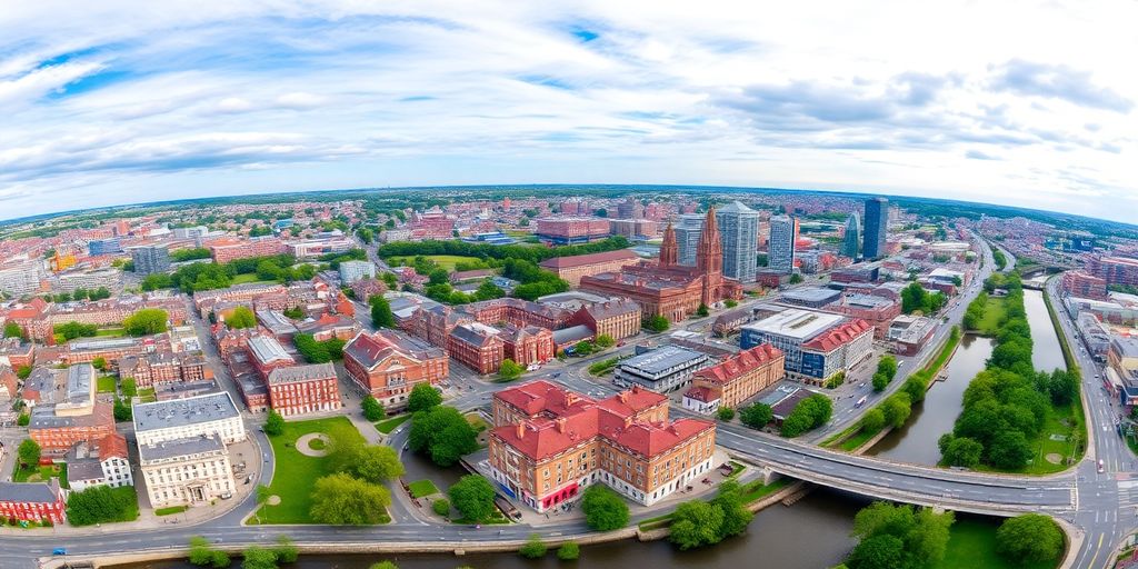Panoramic view of diverse Manchester cityscapes and landscapes.