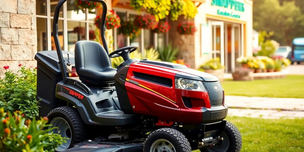 Snapper lawn mower at a garden center with greenery.