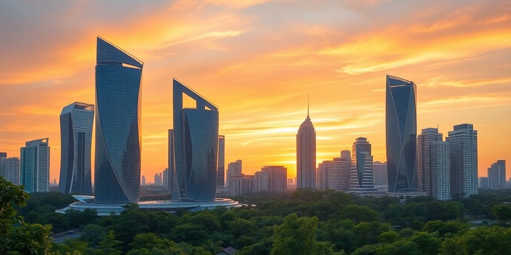 Bangkok skyline with modern buildings and greenery at sunset.