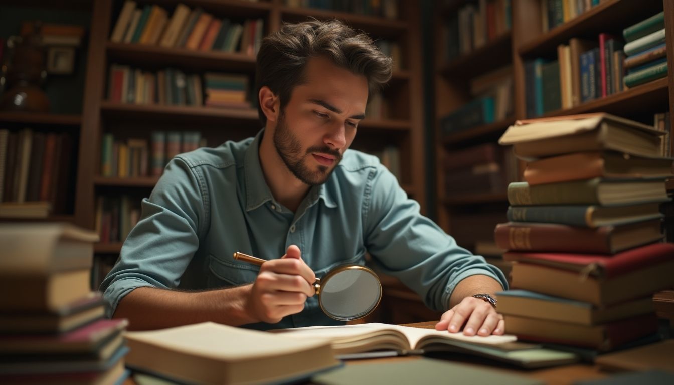 Adult student examining books with a magnifying glass.