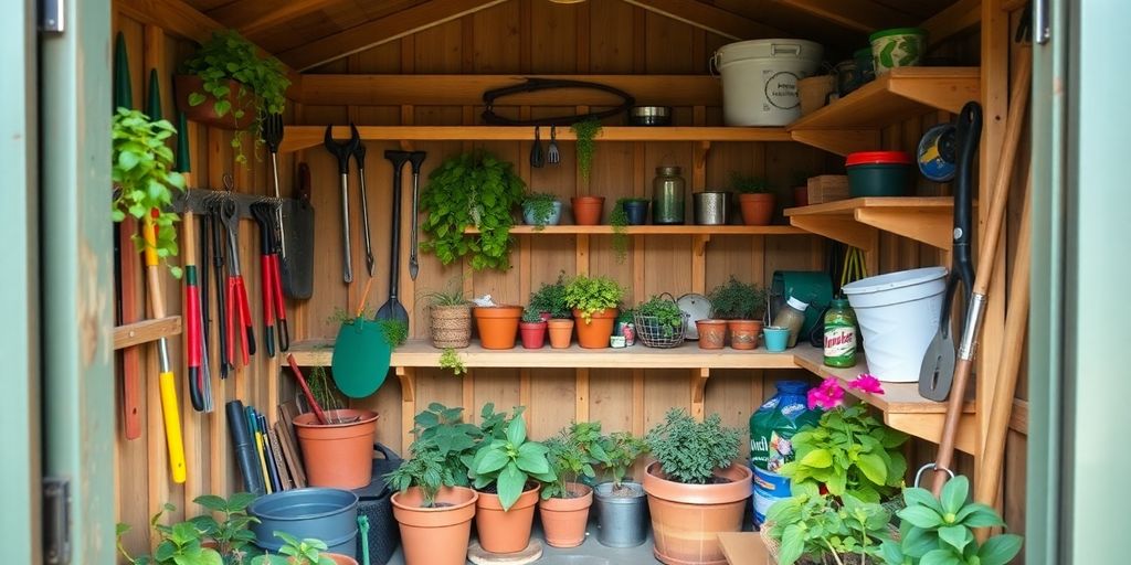 Organized garden shed with tools and plants.