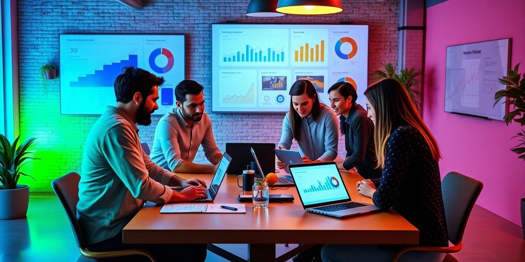 Diverse team collaborating in a modern workspace.