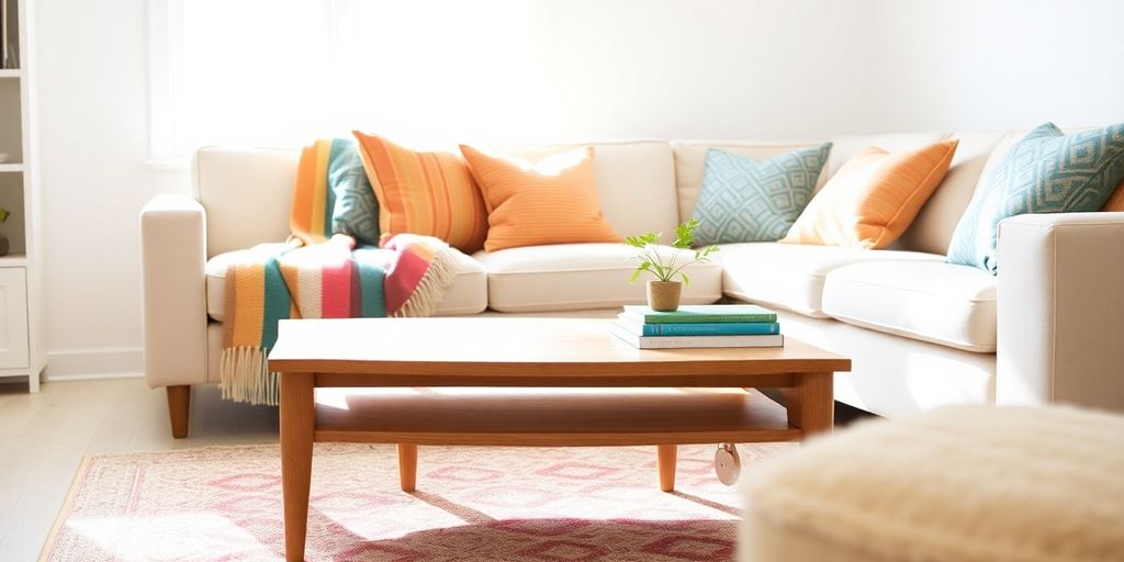 Cozy living room, affordable decor.