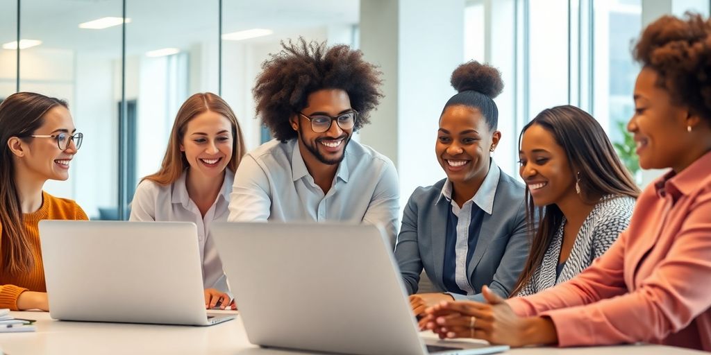 Diverse team collaborating with AI sales agent in modern office.