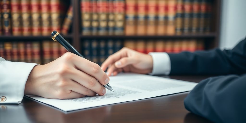 Person writing on a legal document with a pen.