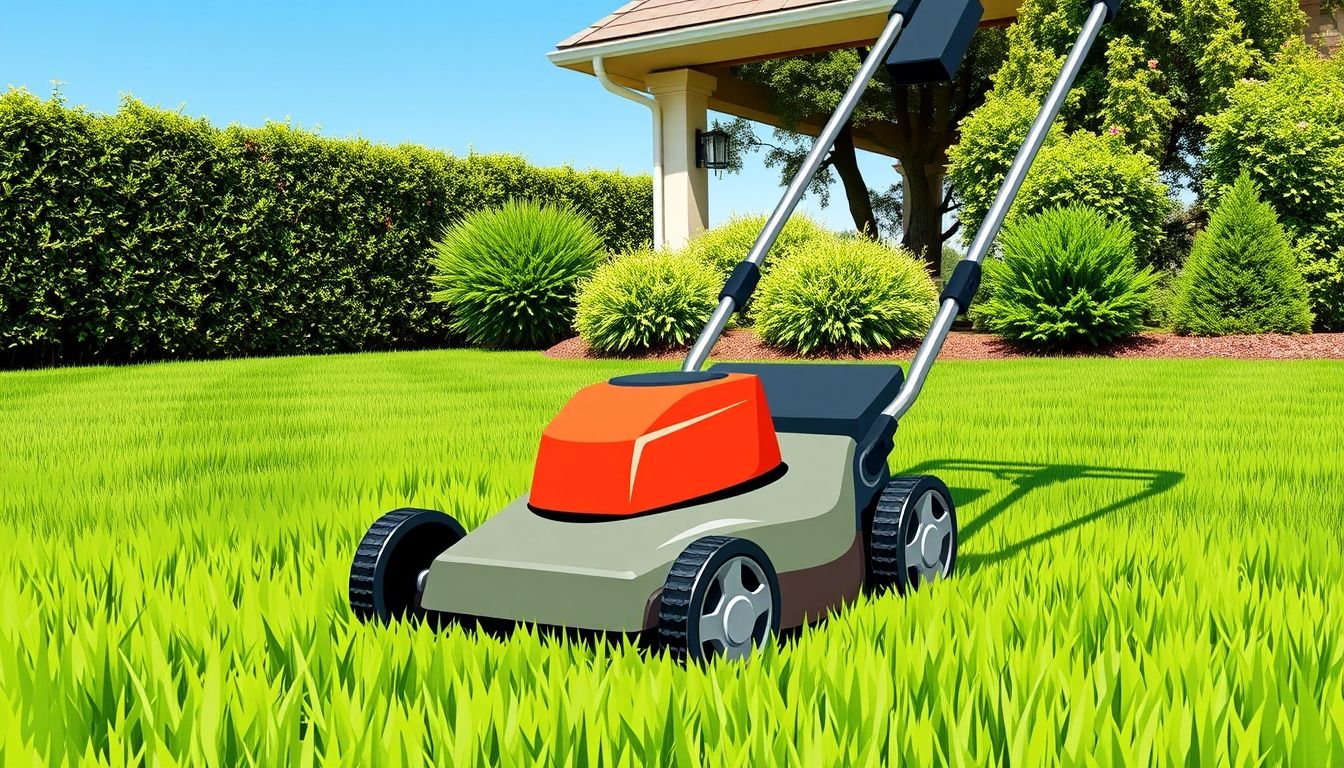 Lawnmower cutting grass on a sunny day