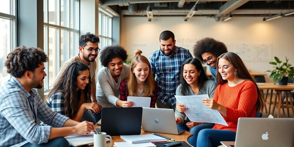 Diverse entrepreneurs collaborating in a modern startup workspace.
