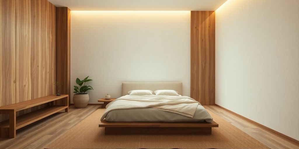 Serene bedroom with natural wood, soft lighting, and minimalist decor.