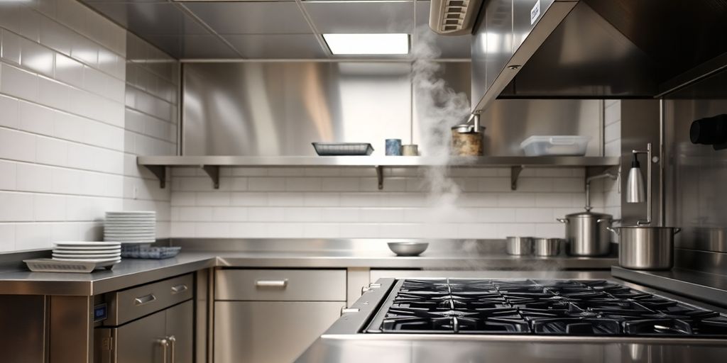 Cuisine professionnelle avec équipement en acier inoxydable.