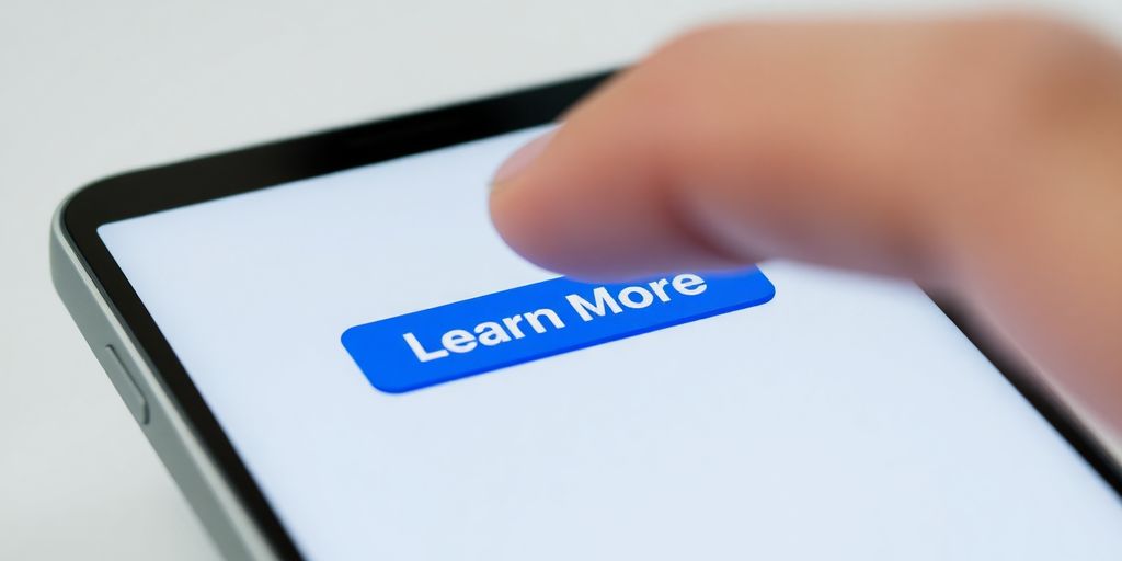 Finger pressing a blue Facebook 'Learn More' button.