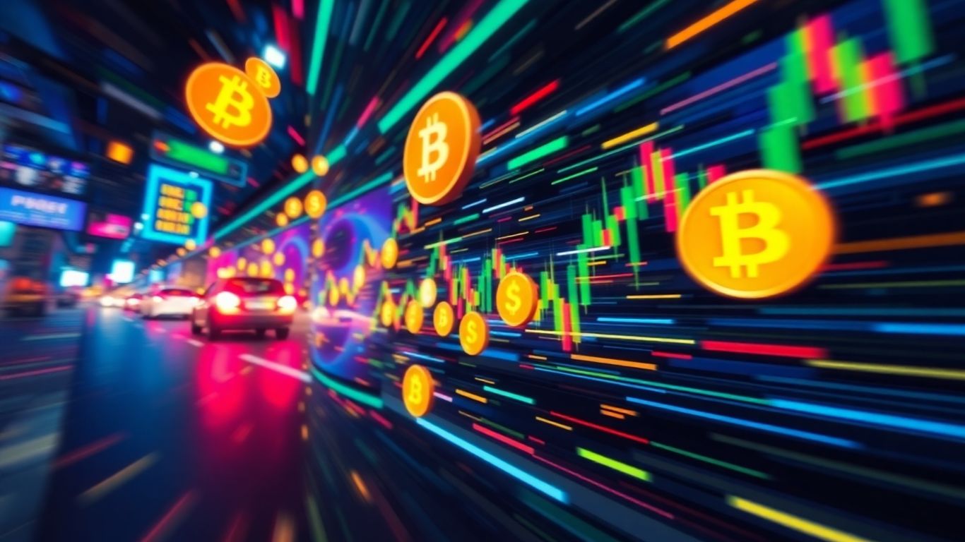 Vibrant digital currency icons and energetic patterns.