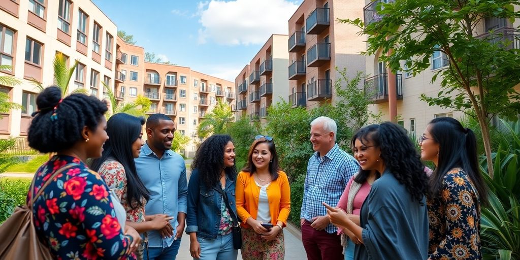 Group of people discussing housing purchases.