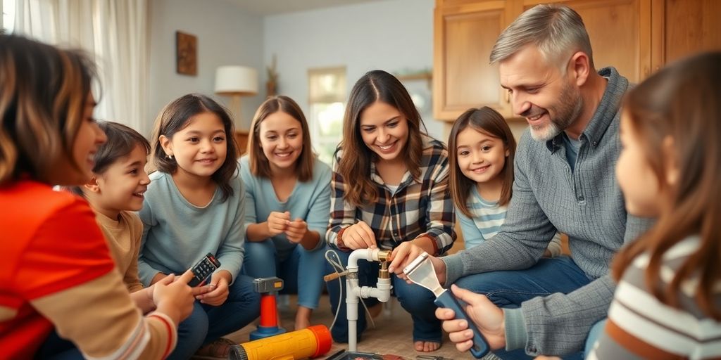 Family learning about water damage prevention techniques together.
