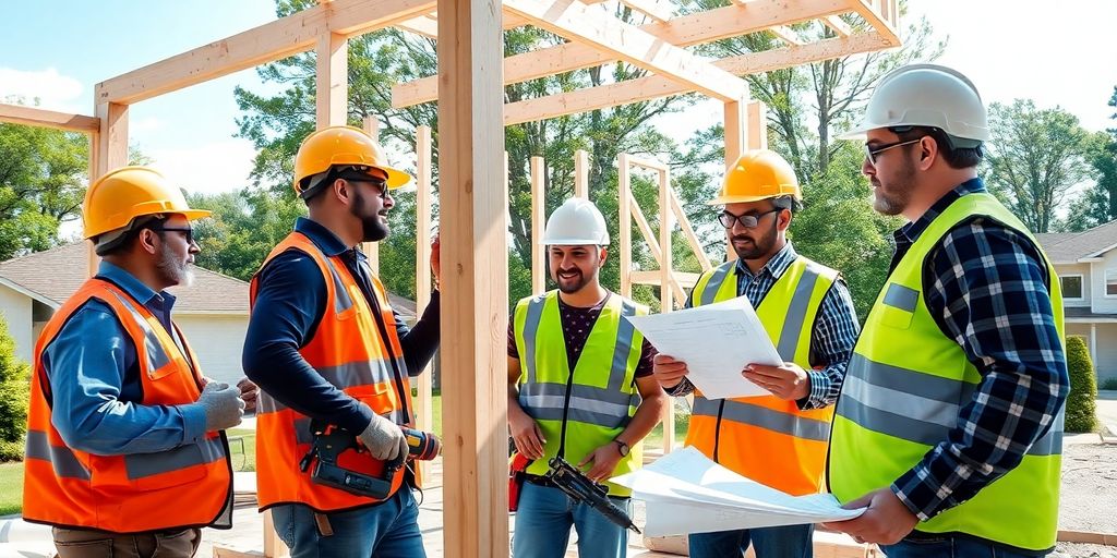 Construction crew building a house.