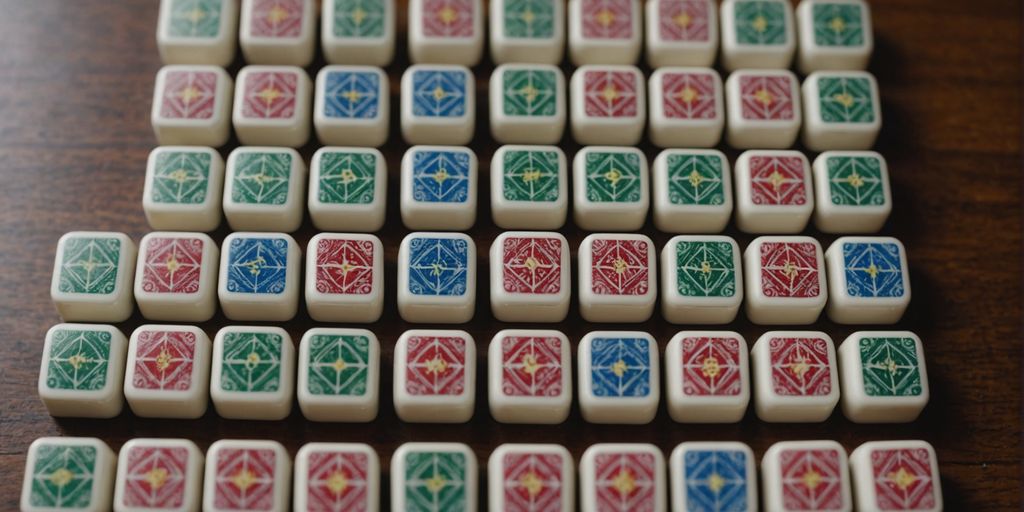 Mahjong tiles neatly arranged in colorful pattern on table.
