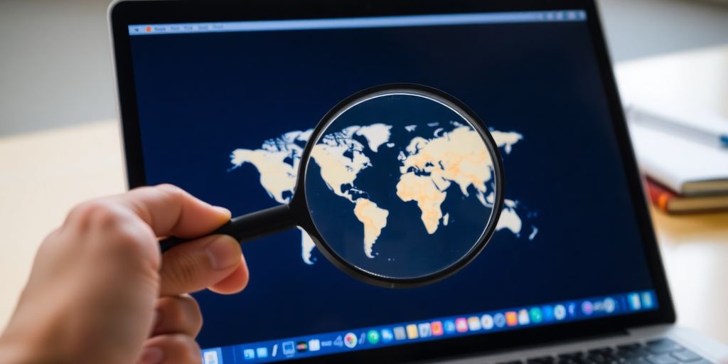 Laptop, magnifying glass, global map