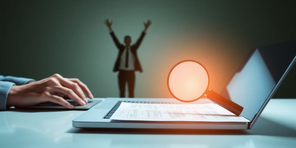 Laptop, magnifying glass, resume, successful job seeker.