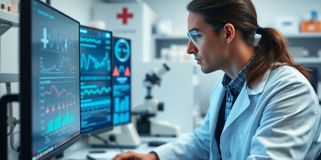 Researcher analyzing data in a high-tech laboratory setting.