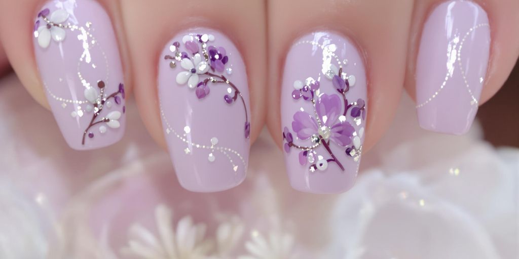 Unhas decoradas em tons de lavanda com detalhes florais.