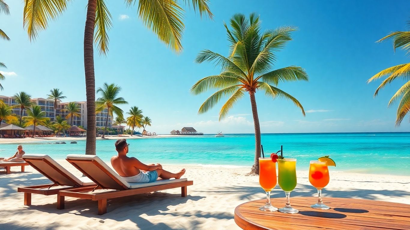 Couple relaxing on a tropical beach near a resort.