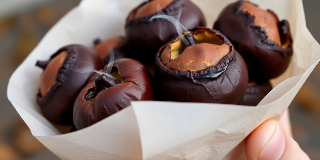 Castagne arrostite fumanti in un cono.
