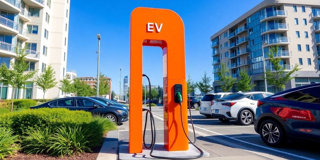 Bright orange electric vehicle charging station in urban landscape.