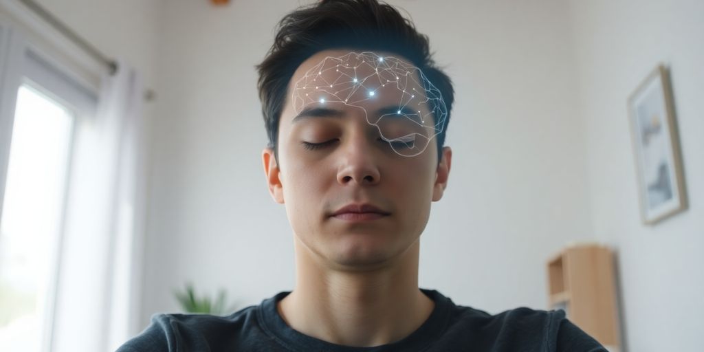 Person meditating, brain active, calm setting.