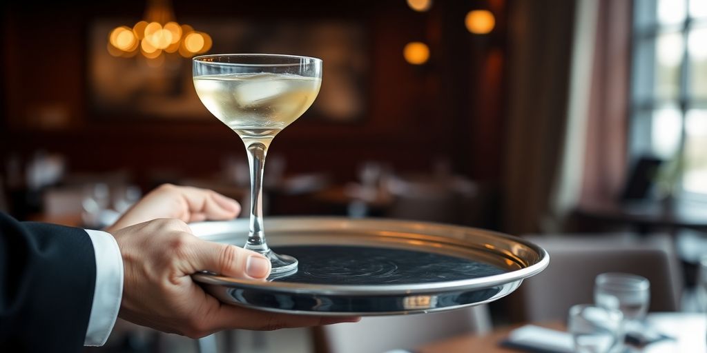 Server holding tray, restaurant background.