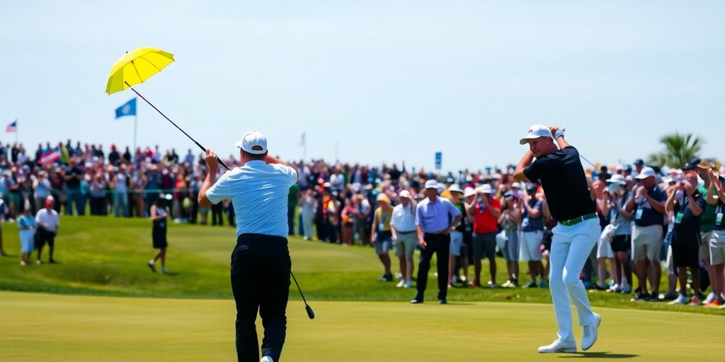 Golfers competing in the PGA Tournament on a green course.