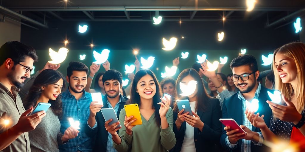 Entrepreneurs connect with glowing social media icons, expanding reach.