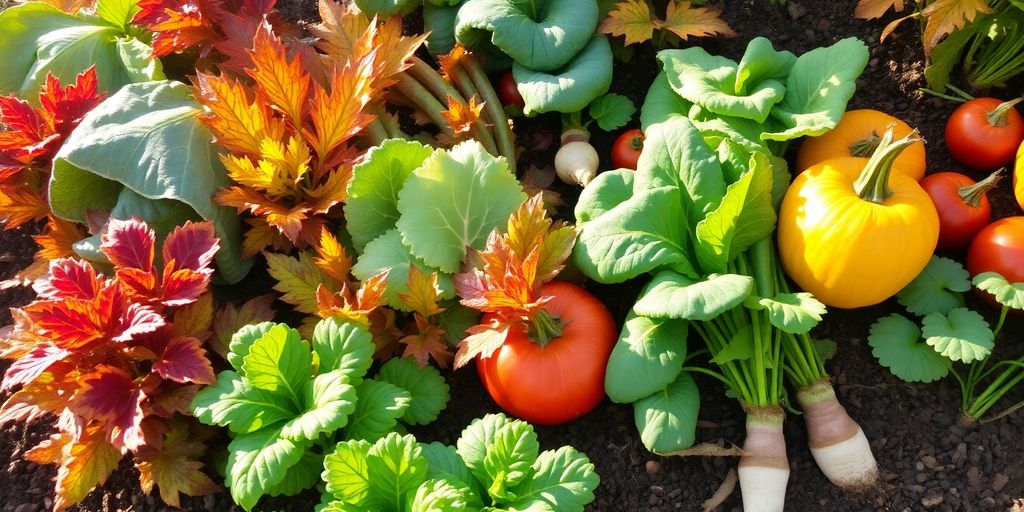 Bunte Herbstgemüse-Mischung im Boden.
