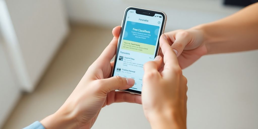 Hands exchanging goods, online marketplace on phone.