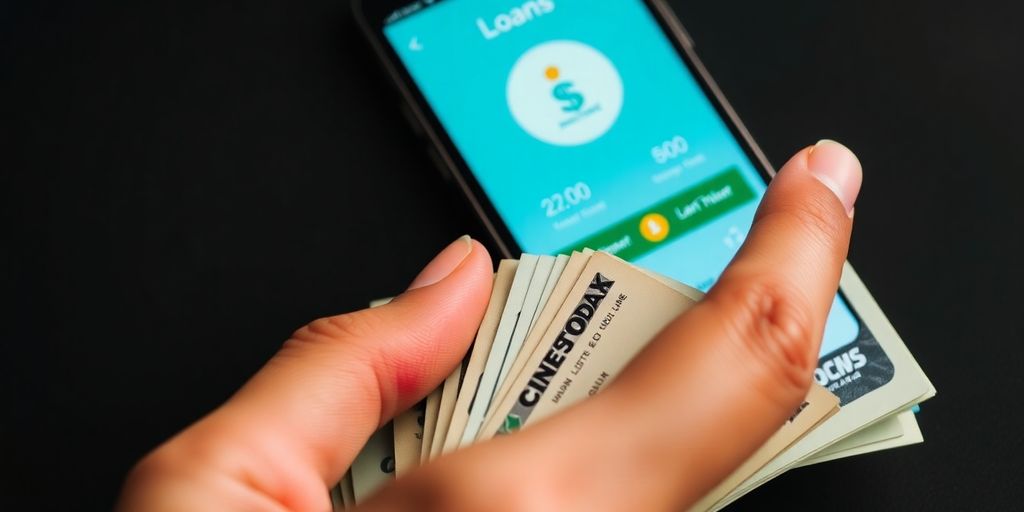 Main en tenant des espèces et un smartphone avec une app.