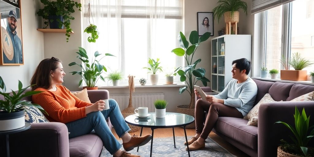 Two roommates enjoying coffee in a cozy living room.