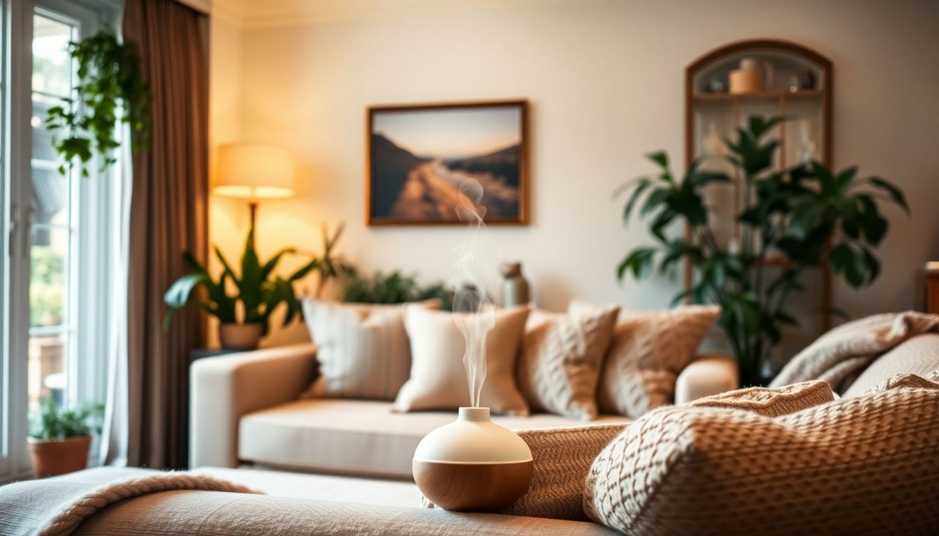 Cozy London living room with scented diffuser and plants.