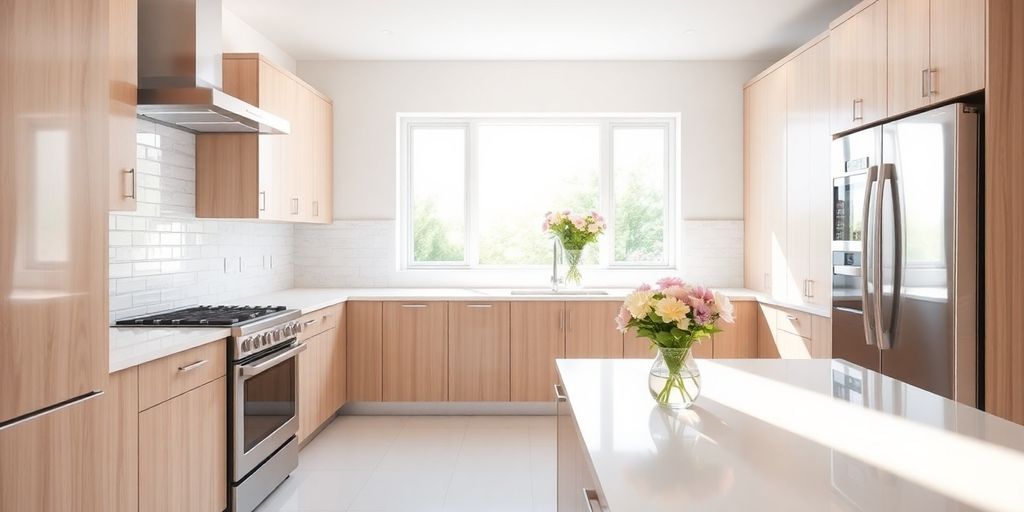 Remodeled kitchen interior with new appliances and finishes.