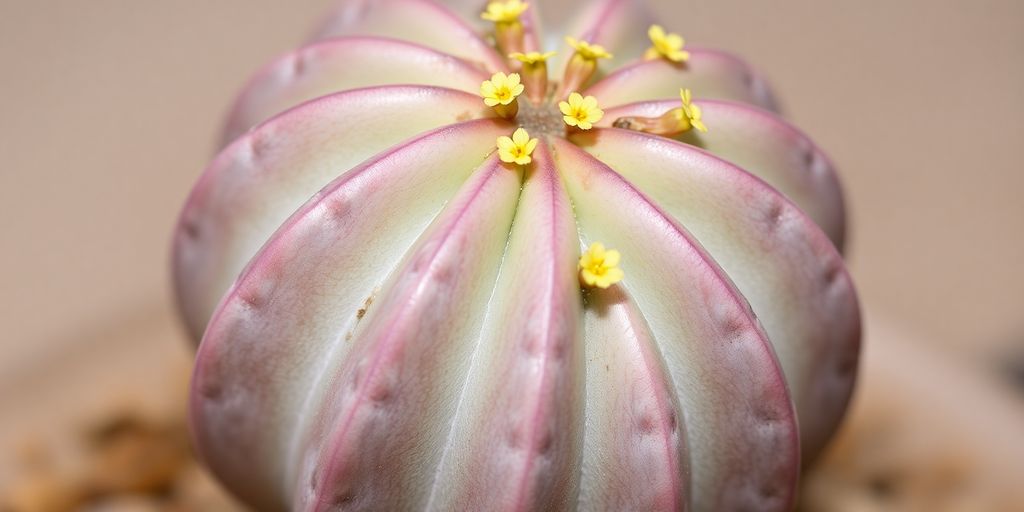 Euphorbia obesa con flores pequeñas y semillas cápsula.