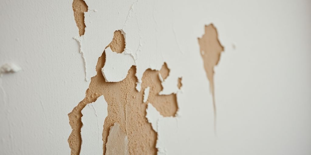 Water-damaged wall with peeling paint and stains.