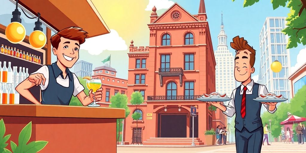 Illustration of hospitality staff serving drinks, welcoming guests in Philadelphia.