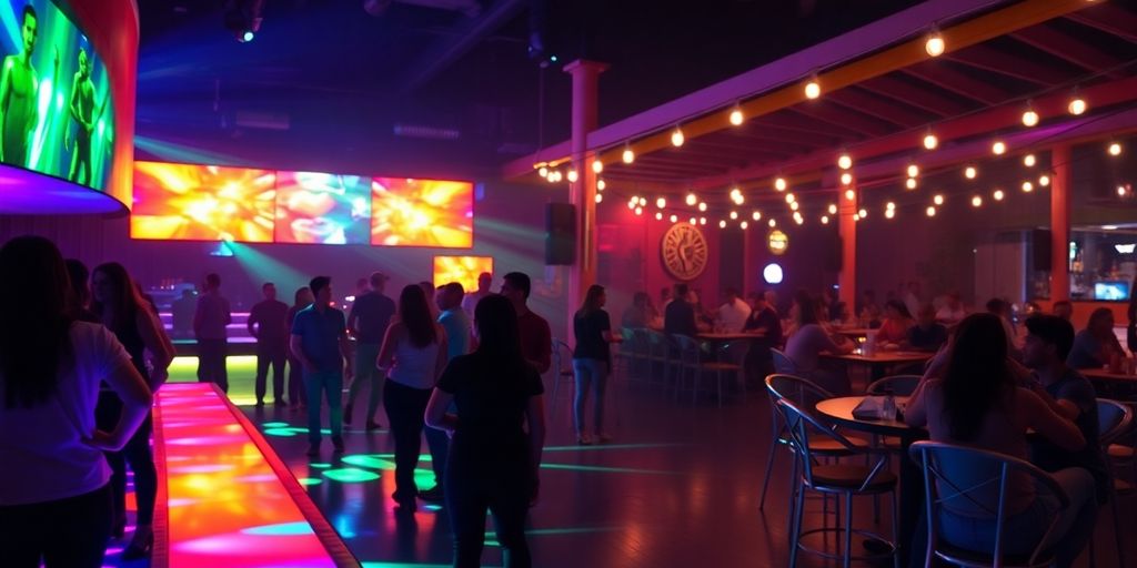 Lively Cabo nightclub scene with glowing lights.