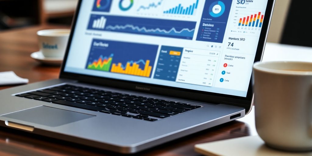 Laptop on desk showing SEO dashboard and metrics.