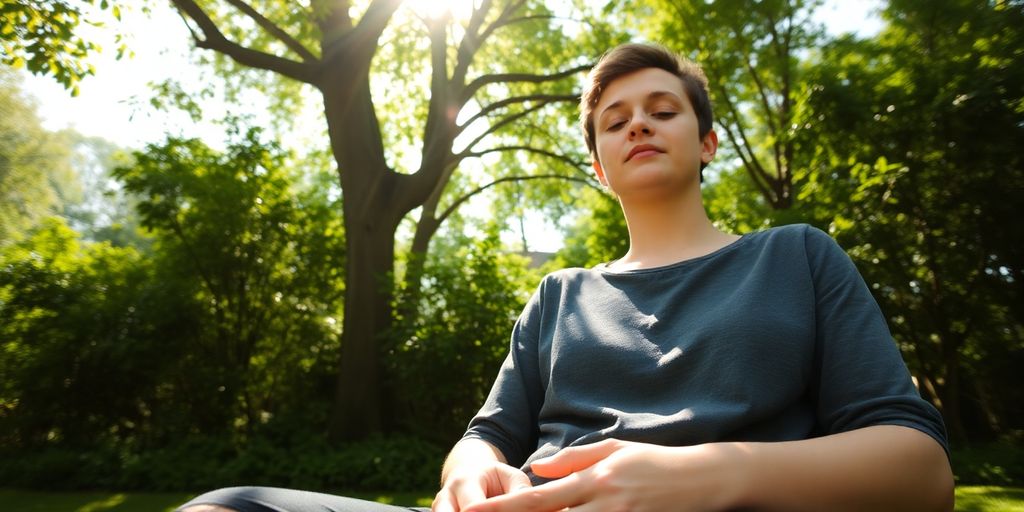 Person practices mindfulness in a serene, natural setting.
